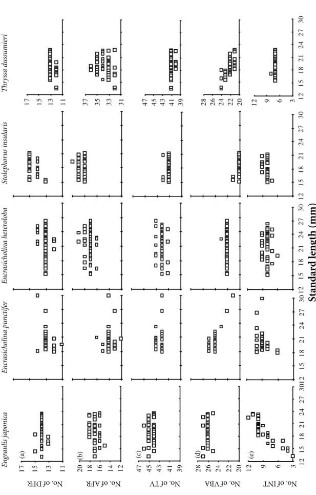 Figure 4.  Counts of the 5 meristic characters vs. standard length of the 5 species of engraulid larvae collected in coastal waters off the Tanshui River Estuary: (a) dorsal fin rays, (b) anal fin rays, (c) vertebrae, (d) vertebrae before anus, and (e) int