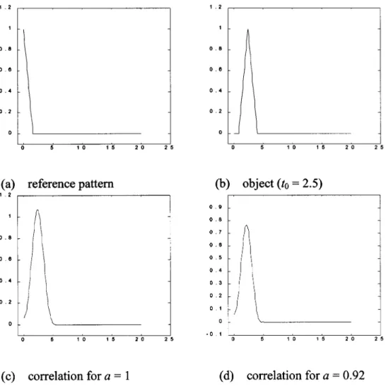 Fig. 4. Space-variant pattern recognition. (a) Reference x(t). (b) Input y(t) = x(t 0 3)