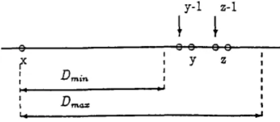 Figure 1:  A  part  of an example utterance.  x,y,and  I  are possible  beginning points, where  y-1  and  a-1  are ending points corresponding to  x