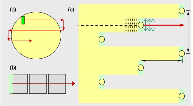 Figure 2  Writing strategy in the point of view of (a) wafer, (b) dies, and (c) beams 