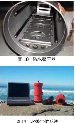 圖 18  防水壓容器  圖 19  水聲定位系統  匿蹤技術領域的二個子計畫如圖 20。  4 . 匿 蹤 技 術 謝 傳 璋 教 授 ( 台 灣 大 學 ) ： 子 計 畫 九   潛 艦 覆 蓋 材 水 中 吸 音 特 性 理 論 分 析 王 昭 男 教 授 ( 台 灣 大 學 ) ： 子 計 畫 十   潛 艦 覆 蓋 材 水 中 吸 音 特 性 之 試 驗 謝 傳 璋 教 授 ( 台 灣 大 學 ) 圖 20  匿蹤技術領域架構圖  子計畫九本年度增加推導動力滲透率 (Permeability) 