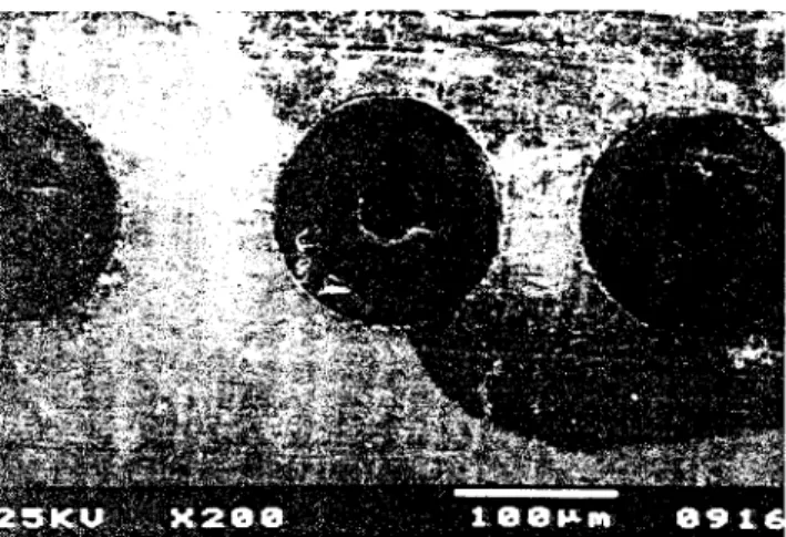 Fig.  7--Cross  section of TiC-coated  SCS-6  fiber-reinforced Ti-6AI-4V  +  0.5  wt  pct  C  matrix composite (TMC4)  produced  by  the  RIM  process  at 