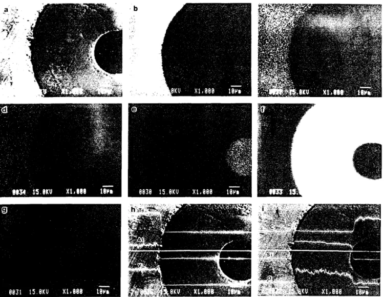 Fig.  8--Micrographs  of electron microprobe  analysis of the  interface  in  TiC-coated  SCS-6  fiber-reinforced Ti-6AI-4V  +  0.5  wt  pct  C  matrix  composite  (TMC4):  (a)  secondary electron  image,  (b)  titanium  map,  (c)  aluminum  map,  (d)  van
