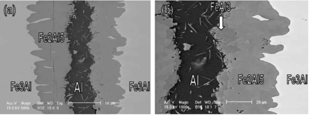 Fig. 3 shows the SEM BEIs of the Fe 3 Al/Al/Fe 3 Al specimen infrared brazed at 800 8C for 15 and 180 s, respectively