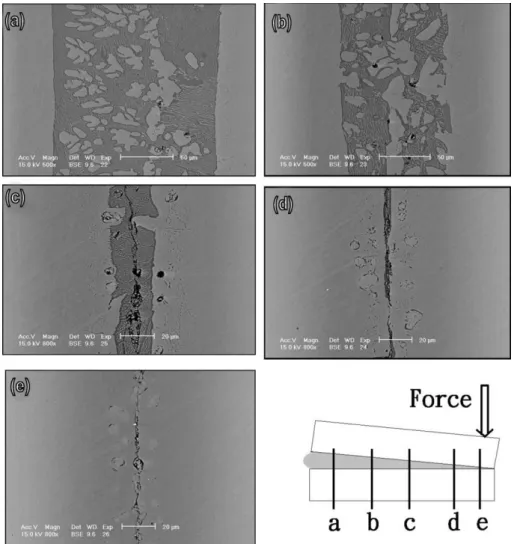 Fig. 11. SEM BEI overview of Fe 3 Al/Al/Fe 3 Al cross-section infrared brazed at 1200 8C for 15 s with various brazing widths.