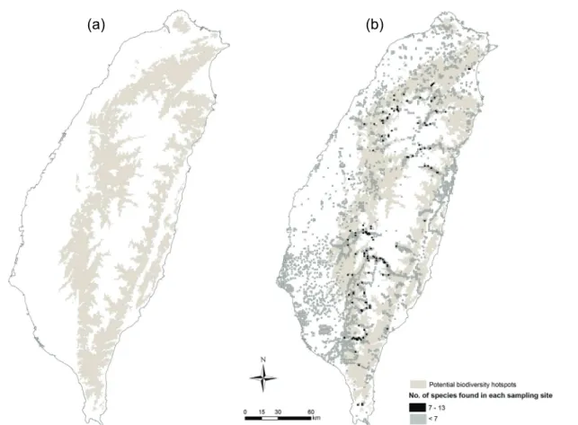 Fig. 3. Potential and actual biodiversity hotspots of 17 endemic bird species in Taiwan