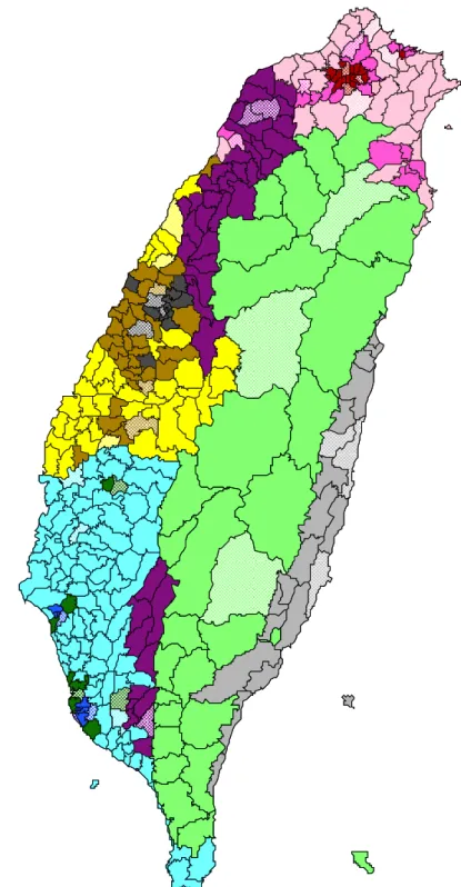 Figure 1. Map of Taiwan, showing the 13 sampling strata (solid areas) and selected townships or city districts (reticulate areas)  in each of the strata