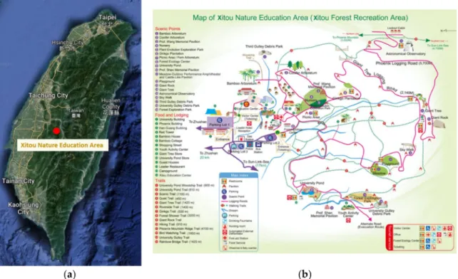 Figure 2. Xitou Nature Education Area (XNEA) location and site map (source: Google Earth (a); About the Nature Education Area (b, [45]).