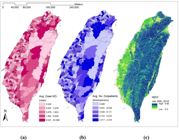Fig. 2. Spatial distribution of (a) averaged case number, (b) averaged number of outpatients, and (c) NDVI during the study period.