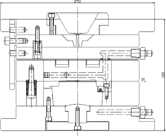 Figure 1. The geometry of mold. (unit: mm), (P1, P2 is pressure transducer).