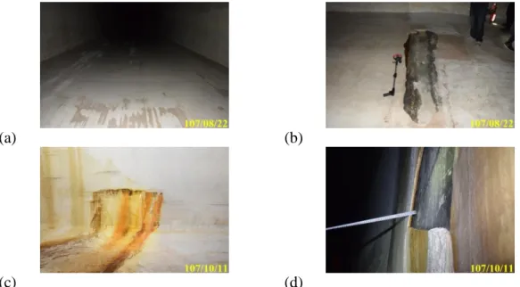 Figure  7:  Photographs  showing  abrasion  and  damage  in-situ  after  trial  run  with  water  and four sediment sluicing operations