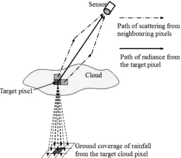 Fig. 2. Processes of radiances received at sensor and rainfall reaching ground surface.