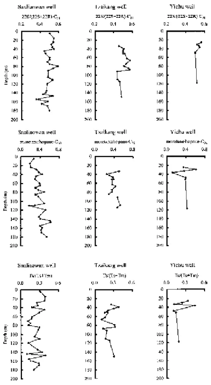 Figure 10. Hopanoids maturity parameters versus depth for wells studied.