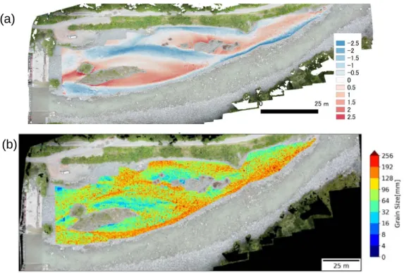 Fig. 6:  (a) Cross-sectional normalized elevation and (b) grain size estimated by D-model 