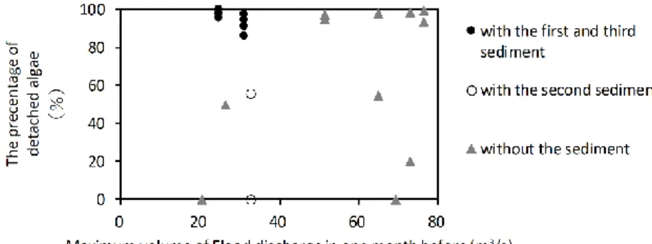Fig. 2: Comparison between the algal detachment rates after flood in the presence of sediments and those  after flood in the absence of sediments in the downstream areas of the Koshibu Dam