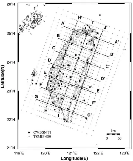 Figure 2. Station distributions of the CWBSN and TSMIP. Also shown are the grid setting used in this study for tomography inversions and the locations for A-A 0 to J-J 0 profiles in Figure 6 and the e-e 0 profile in Figure 8.