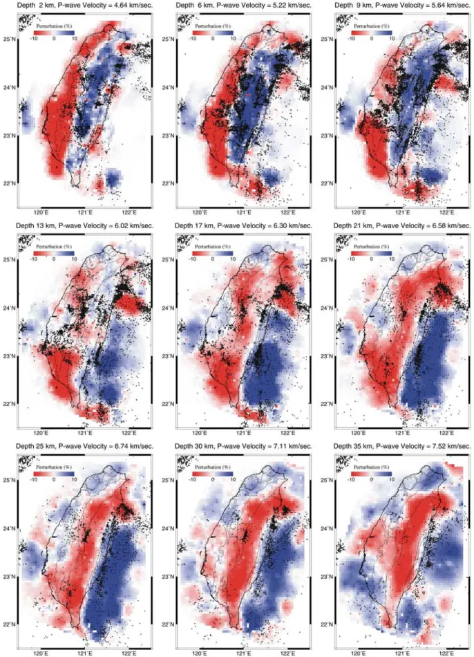 Figure 5a. V p perturbation maps at nine different depths. Blue and red show high and low velocity, respectively