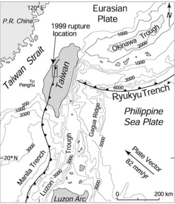 Figure 1. Bathymetry of the Taiwan region, showing the western termination of the Ryukyu trench east of Taiwan and the northern termination of the active Manila trench in the western Taiwan fold-and-thrust belt