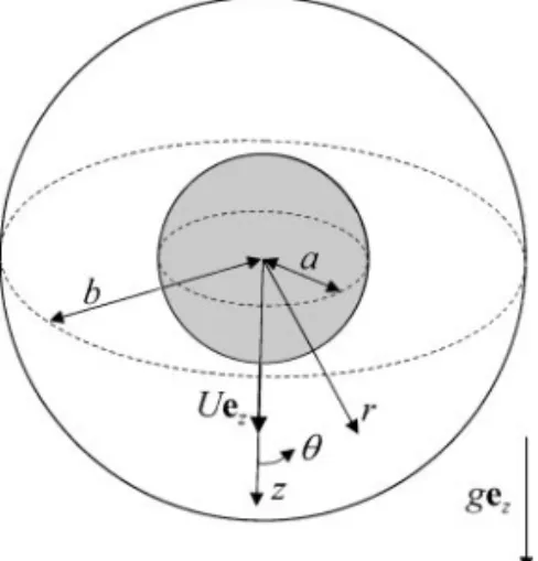 FIG. 1. Geometrical sketch for the sedimentation of a spherical particle at the center of a spherical cell.