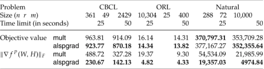 Table 2: Image Data: Average Objective Values and Projected-Gradient Norms of Using 30 Initial Points Under Specified Time Limits.