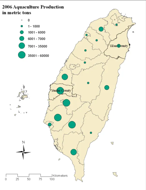 Fig. 2. Aquaculture production by county in Taiwan in 2006. Yunlin and Ilan