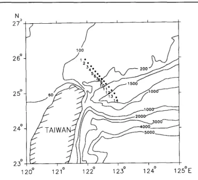 Fig. 1.  Station locations. Depth contours are in m. 
