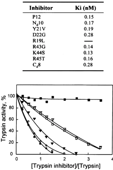 FIG. 3. The inhibitory effects of P12 variants on trypsin kinetics. Trypsin at 1.0 nM and each inhibitor at 0–4.0 nM were incubated at room  tem-perature for 3 min before adding the substrate of N-benzoyl-Phe-Val-Arg 7-amino-4 methyl coumarin to a final co