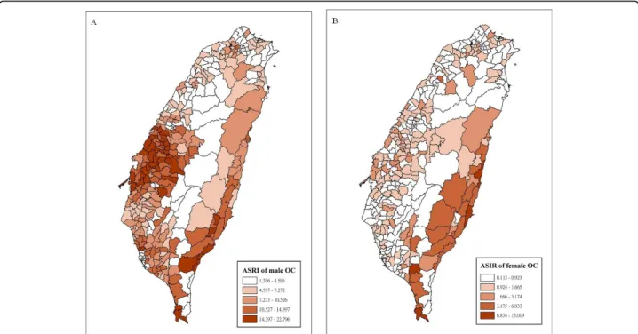 Figure 2 ASIR (per 10 5 people per year) of male OC (A), and female OC (B); prevalence (per 100 people) of BQC (C) and CS (D) in Taiwan