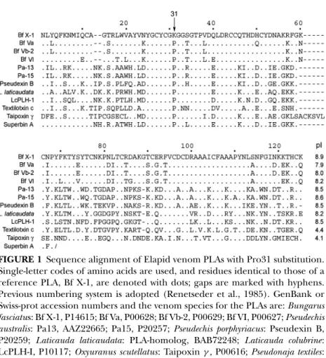 FIGURE 1 Sequence alignment of Elapid venom PLAs with Pro31 substitution.