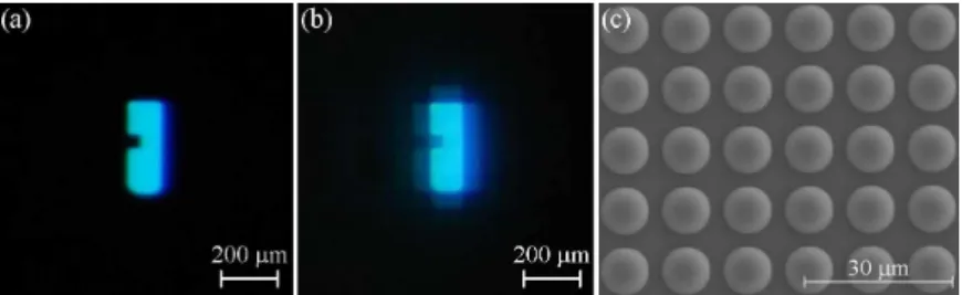 Fig. 1. The photographs of a blue OLED subpixel: (a) without any microstructures and (b) with  a regular microlens array attachment