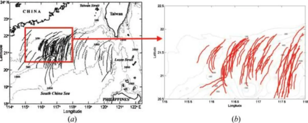 Figure 2. Terra MODIS image of 7 May 2003. The major NLIW front in a packet of two fronts is marked with a red arrow