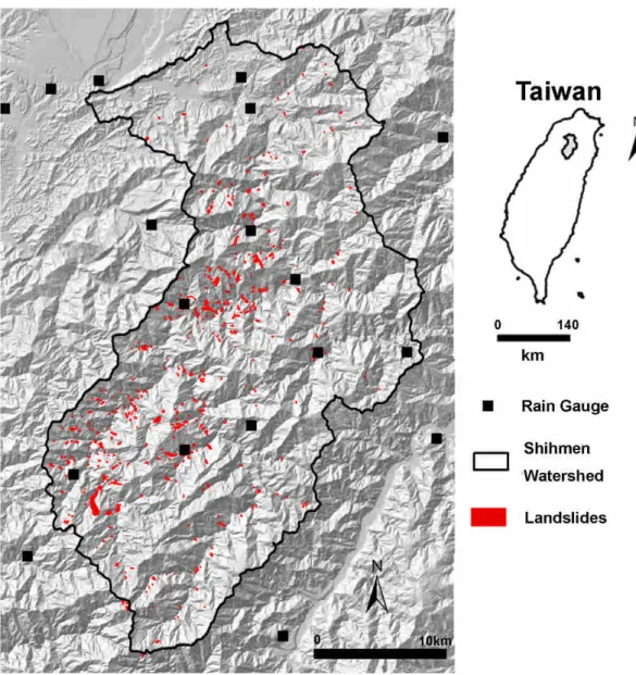 Figure 1. Study area and landslides triggered by Typhoon Aere.