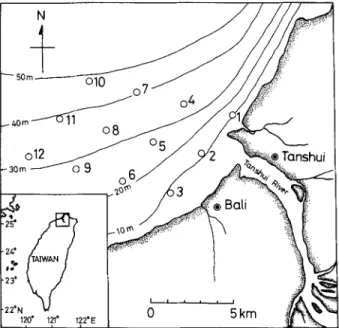 Fig. 1.  Map  showing sampling stations (1-12)  and isodepth in the  nearshore  waters  of the  Tanshui  River,  Taiwan 