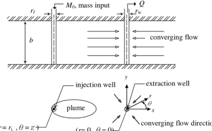 Fig. 1. Schematic diagram of a convergent tracer test.