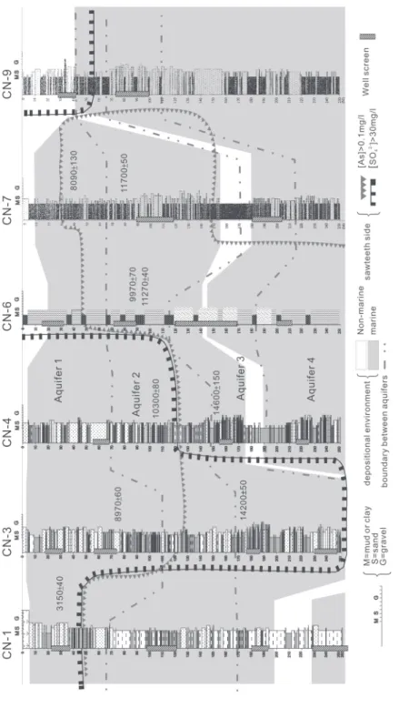 Fig. 2. Profile of lithologic columns of the wells studied along the lines AA’ (a), BB’ (b), and CC ’ (c) shown in Fig