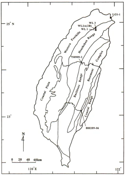 Figure 1. Sample localities for the rocks in this study. The various lithotectonic belts of Taiwan are illustrated from west to east: (1) Coastal Plain consisting of poorly consolidated, clastic sediments from Pleistocene to Recent in age; (2) Western Foot