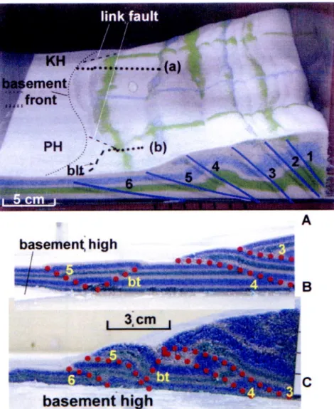 Figure 4 A. Sand box experiments illustrating the development of thrust sequence, 1 to 6 from the oldest to the youngest, in the thrust wedge during plate convergence