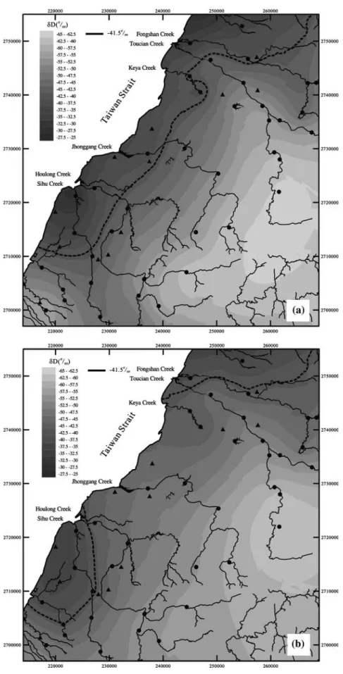 Fig. 8 The distribution of dD in stream waters collected in  win-ter (a) and in summer (b)
