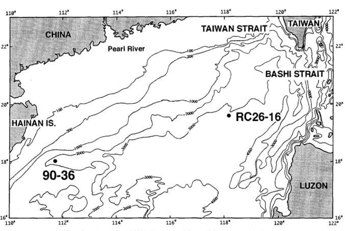 Fig.  1.  Locations  of  Core  SCS90-36  studied  and  Core  RC26-16  mentioned  in  the  text