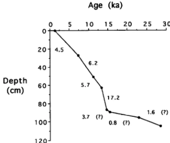 Fig.  2.  Depth-age  diagram  of  Core  SCS90-36,  showing  sedi-  mentation  rates  estimated  from  eight  AMS  14C  dates  of  planktic  foraminifera