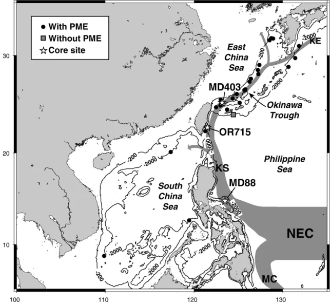 Fig. 1. Occurrence of the PME and the oceanographic settings of the study area. The North Equatorial Current bifurcates into the Kuroshio and the Mindanao Current