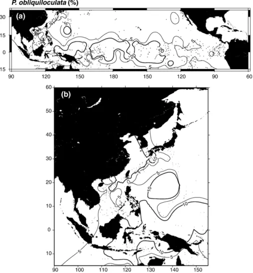 Fig. 2. Relative abundance of P. obliquiloculata in surface sediments in the Equatorial Pacific