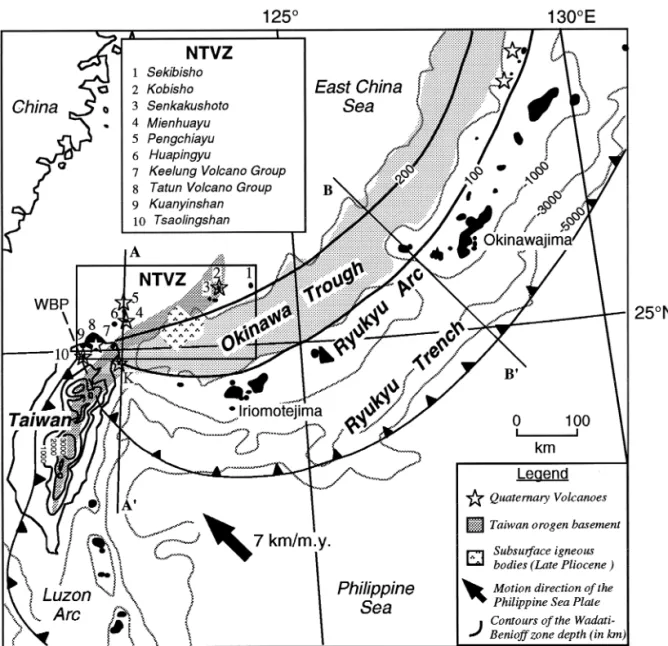 Fig. 1. Map showing the tectonic framework around Taiwan and igneous outcrops of the Northern Taiwan Volcanic Zone (NTVZ).