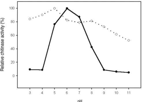 FIG. 6 - Effect of temperature on the chitinase activity and stability of ChiCH. ChiCH partially purified from E