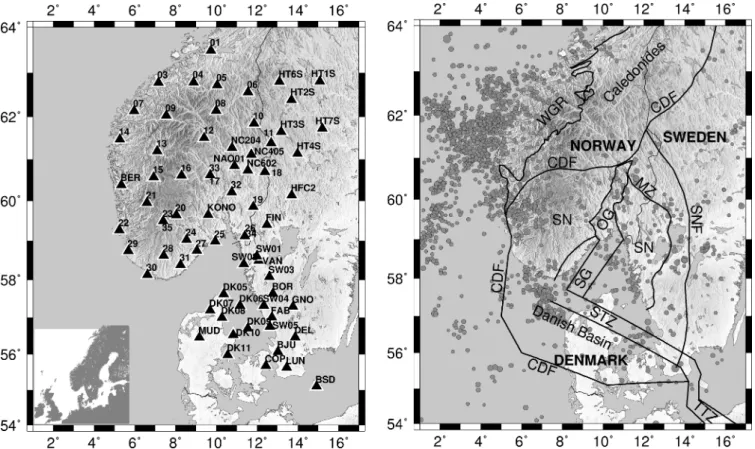 Figure 1. Station network and tectonic overview of the study region. Left: Seismological stations with topography and a regional map in the lower left corner.