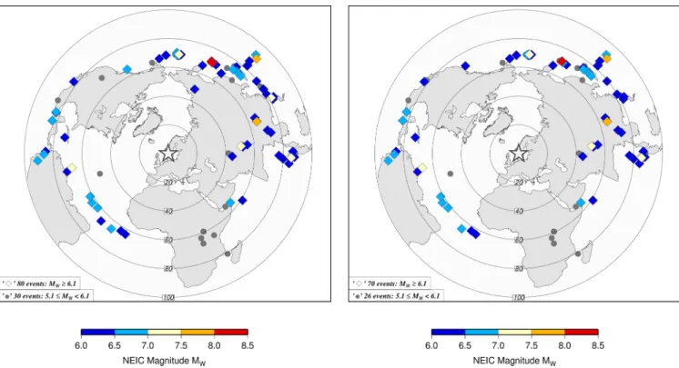 Figure 2. Map of earthquake sources used in the tomographies. The events displayed have given traveltime data in at least one frequency band