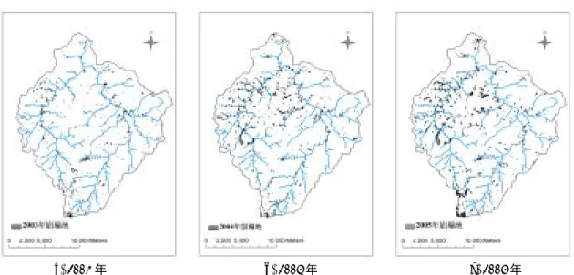 Fig. 3. The distribution of landslides in 2003, 2004 and 2005 in Yu-Feng catchment. 