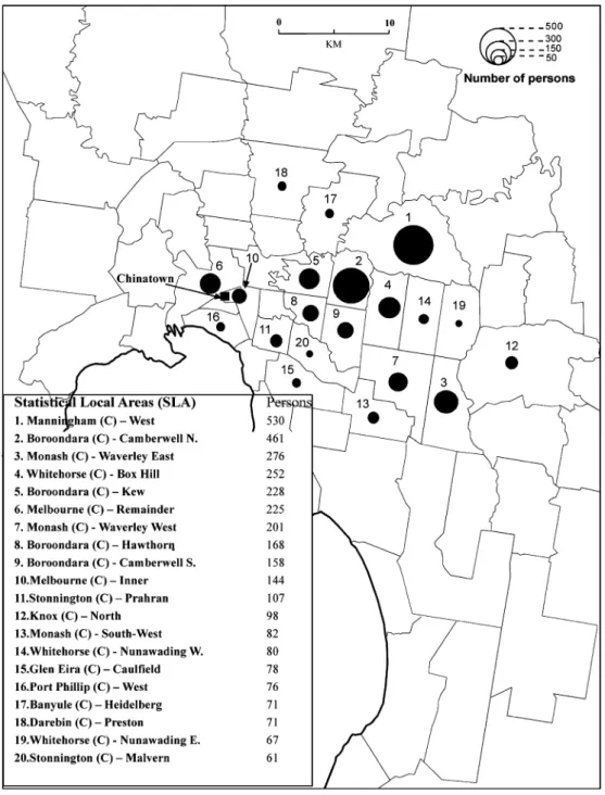 Figure 5. Distribution of Taiwanese Immigrants in Melbourne, 2001. Data source: Australian Bureau of Statistics, Unpublished data, 2001