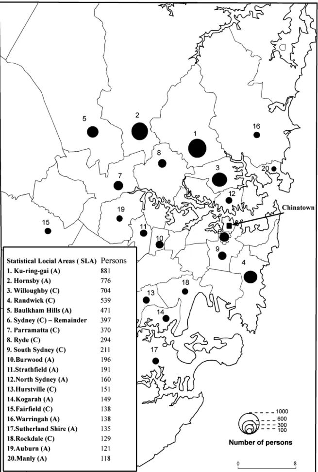 Figure 3. Distribution of Taiwanese Immigrants in Sydney, 2001. Data source: Australian Bureau of Statistics, Unpublished data, 2001