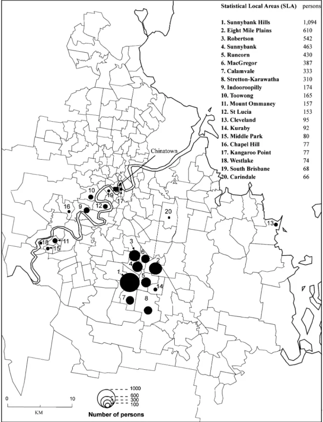Figure 4. Distribution of Taiwanese Immigrants in Brisbane, 2001. Data source: Australian Bureau of Statistics, Unpublished data, 2001.